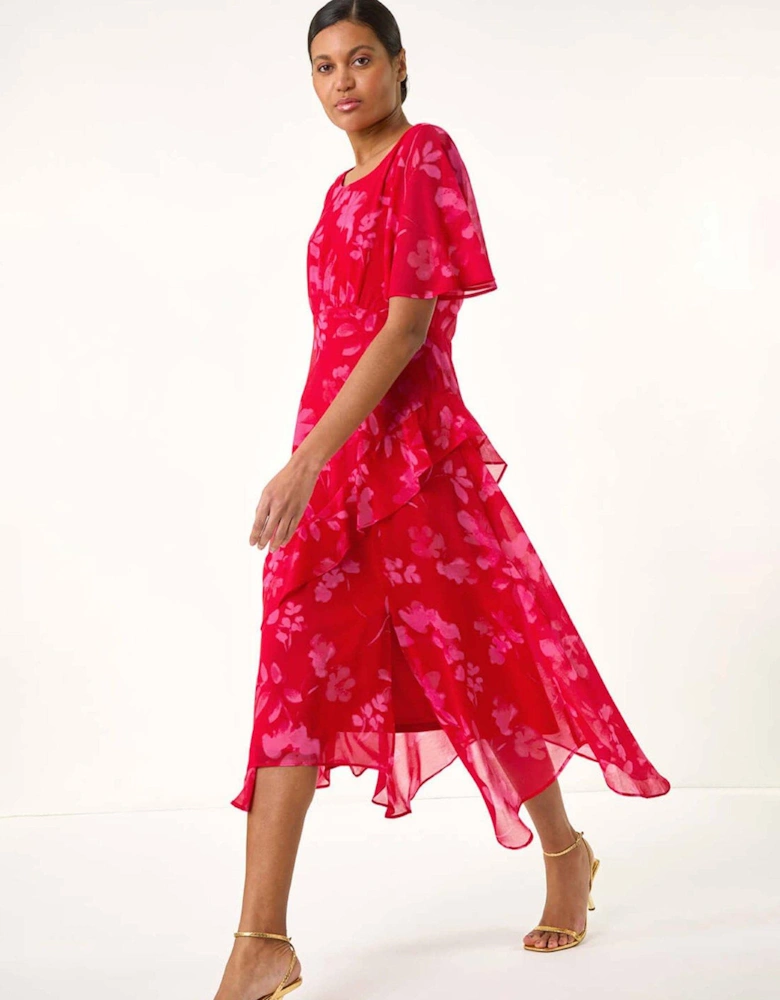 Floral Frill High Low Midi Dress - Red