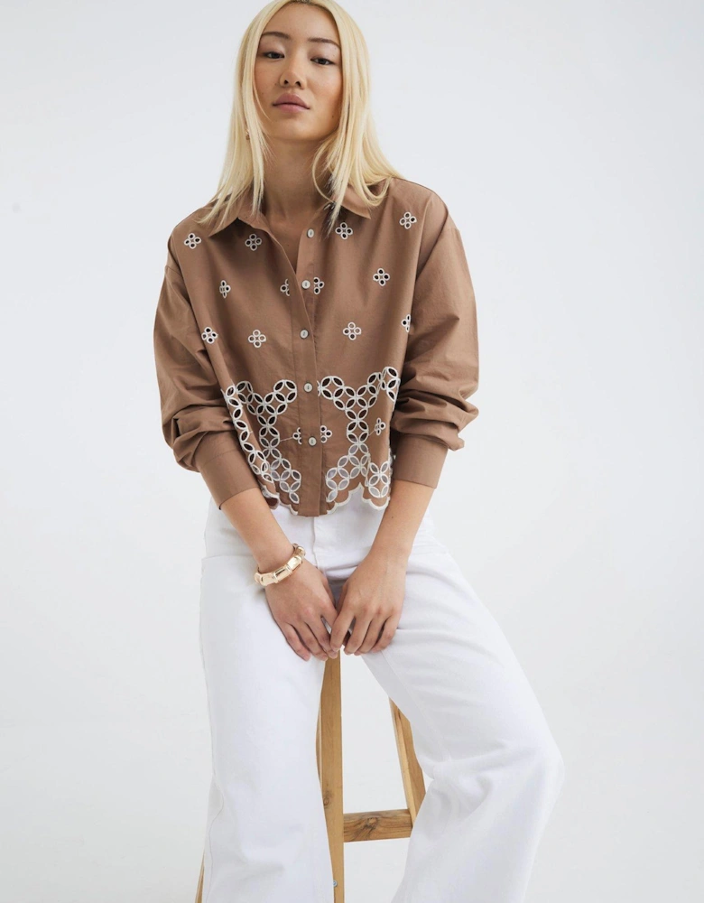 Long Sleeve Cropped Broderie Shirt