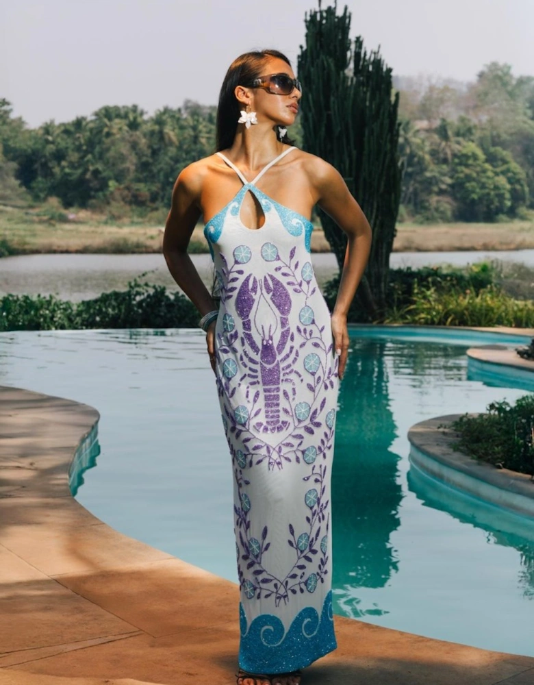 Lobster Hand Beaded Maxi Dress  Blue