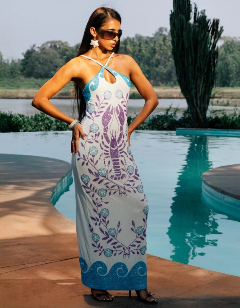 Lobster Hand Beaded Maxi Dress  Blue
