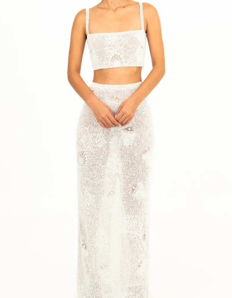 Hazel Beaded Powermesh Jellyfish Maxi Skirt - White