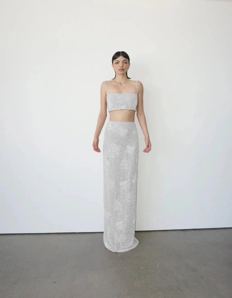 Hazel Beaded Powermesh Jellyfish Maxi Skirt - White