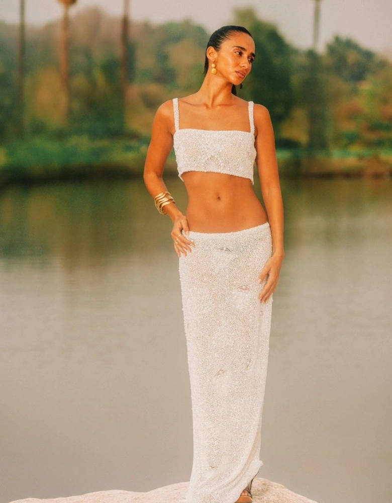 Hazel Beaded Powermesh Jellyfish Maxi Skirt - White