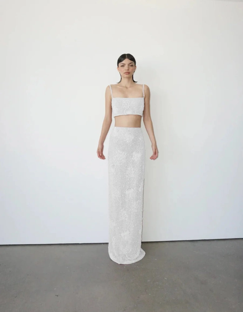 Hazel Beaded Powermesh Jellyfish Maxi Skirt - White