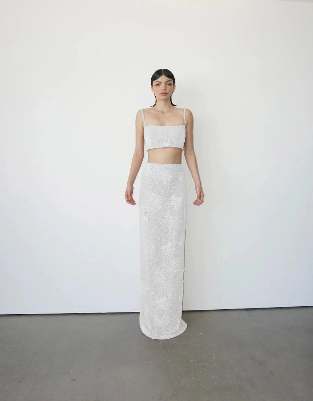 Hazel Beaded Powermesh Jellyfish Maxi Skirt - White