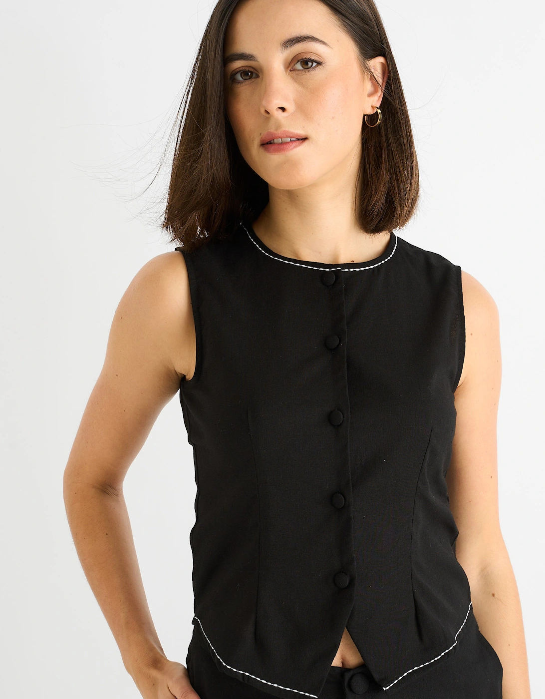 Gini London Women's Black Cotton Contrast Stitch Detail Waist Coat - Size: UK 8 / us 4 / eu 36