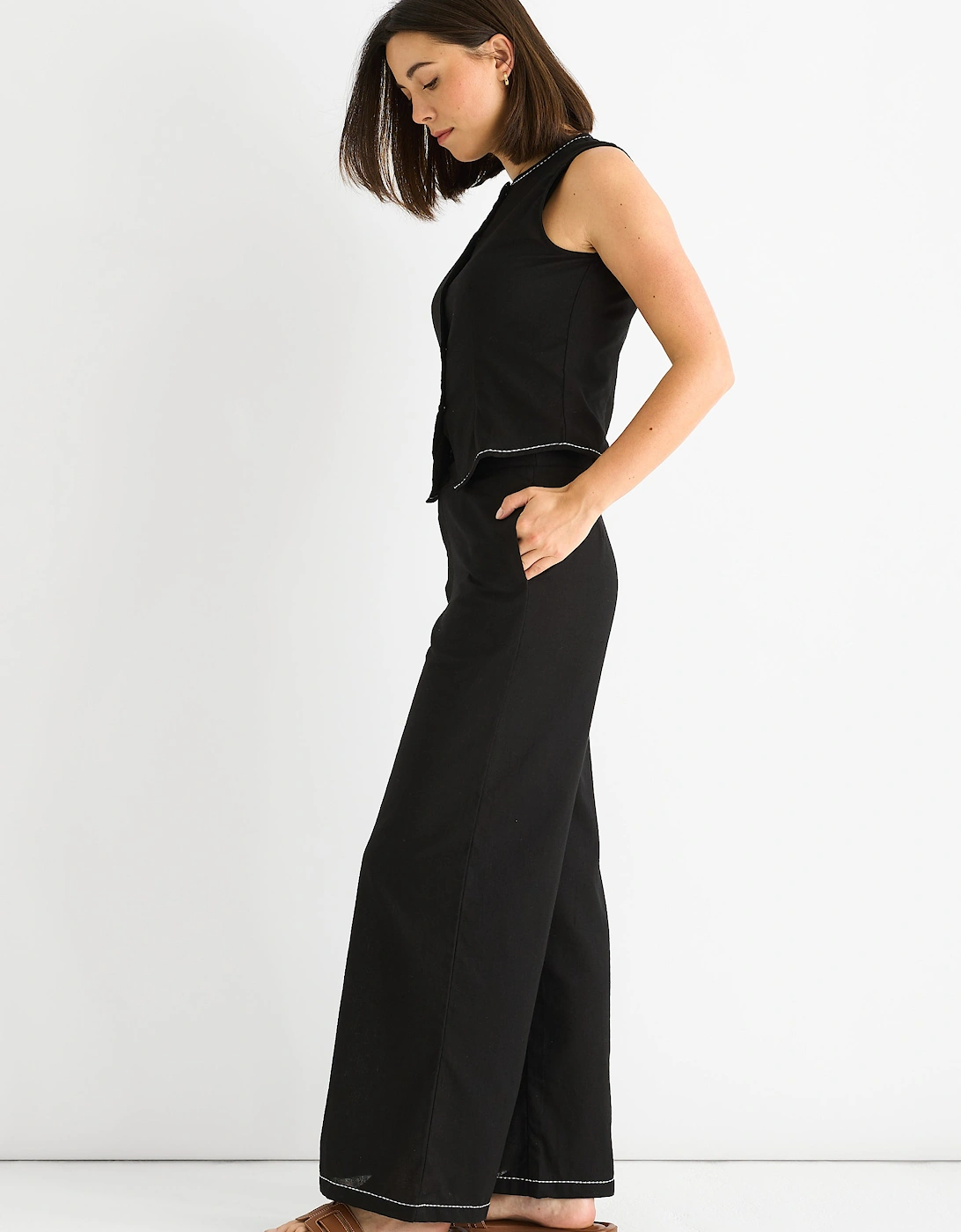 Black Cotton Contrast Stitch Detail Waist Coat