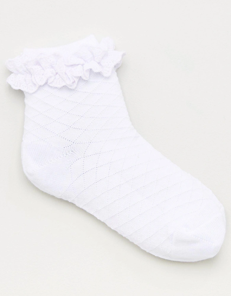 Girls 5 Pack Diamond Stitch Ruffle Frill School Ankle Socks - White
