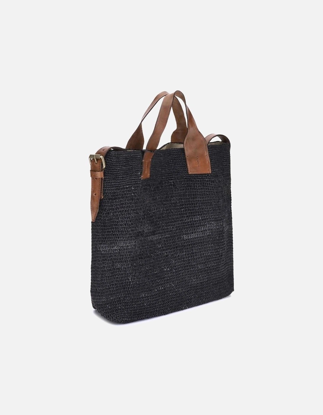 Natural Raffia Tote Bag with Leather Handles Women - Black Shoulder