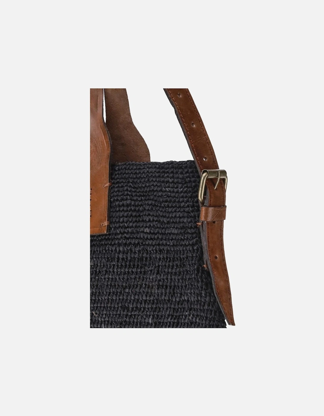 Natural Raffia Tote Bag with Leather Handles Women - Black Shoulder