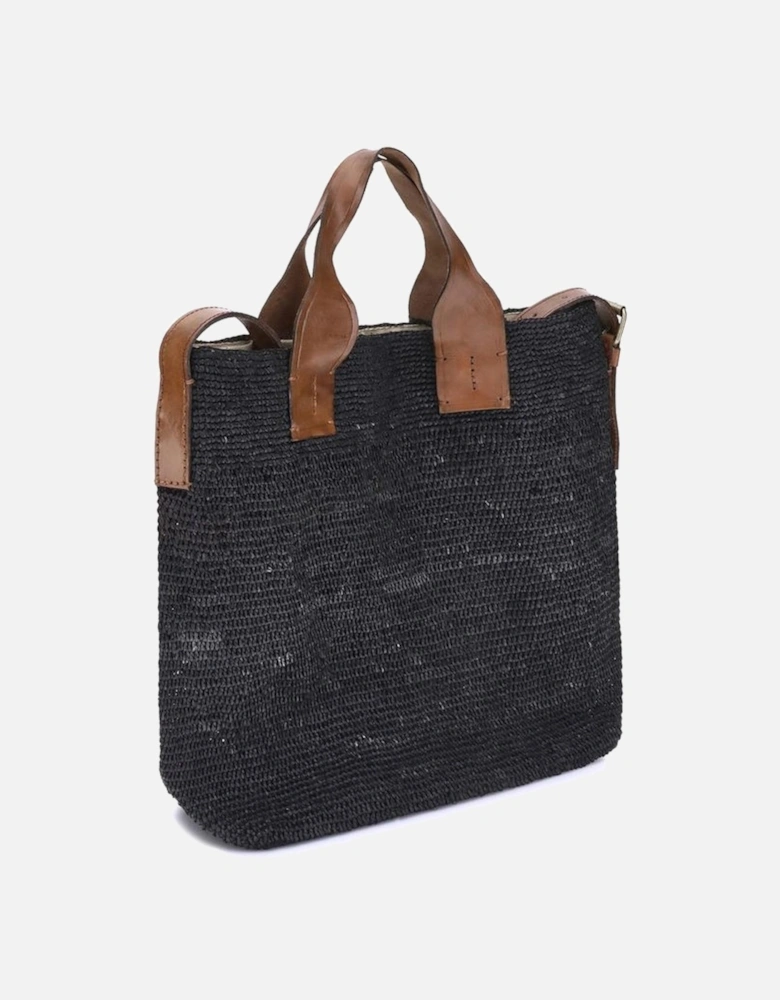 Natural Raffia Tote Bag with Leather Handles Women - Black Shoulder