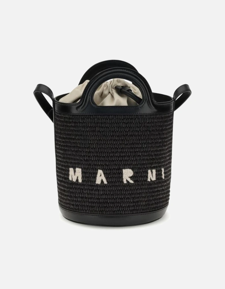 Raffia Bucket Bag with Leather Trim Women - Black