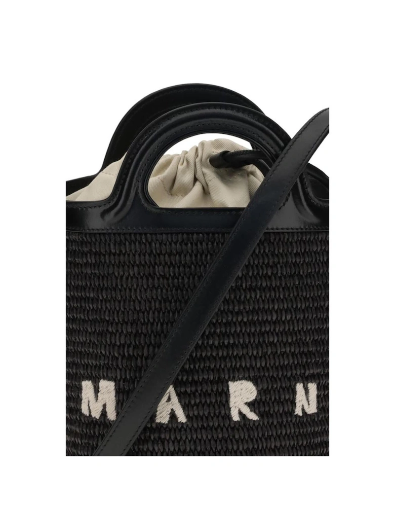 Raffia Bucket Bag with Leather Trim Women - Black