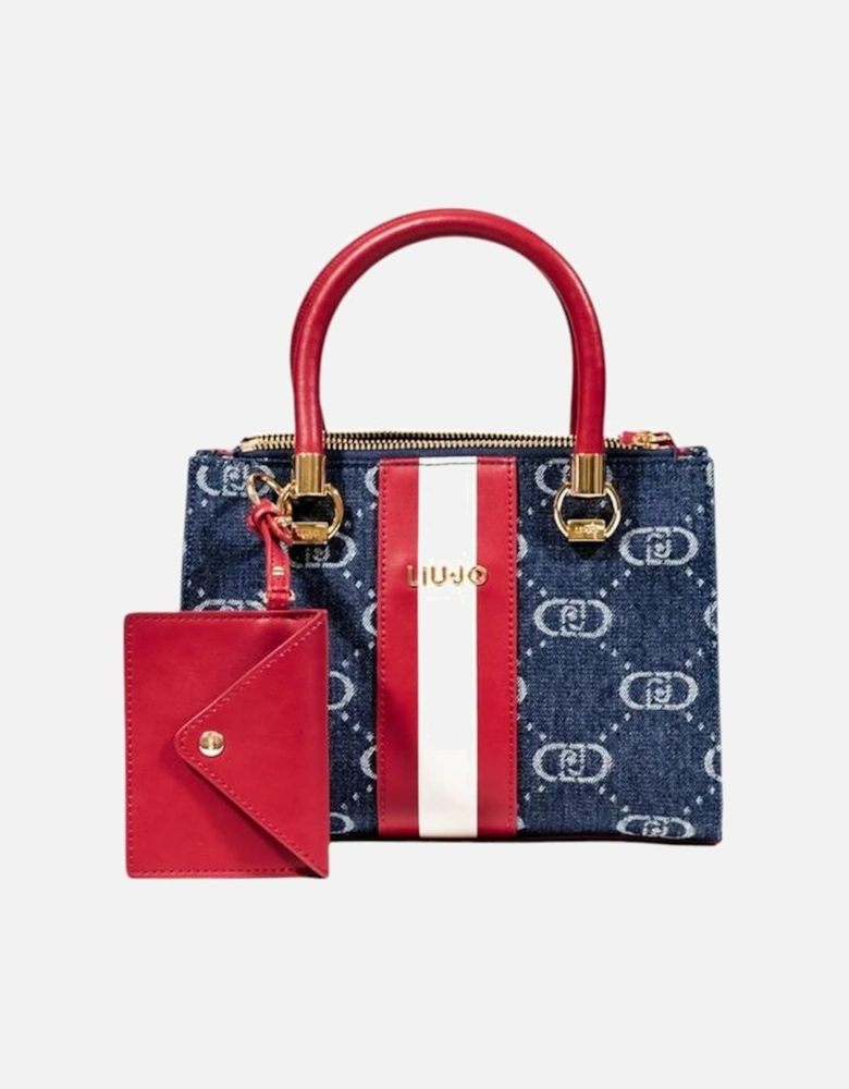 Elegant Faux Leather Satchel with Logo Print Women - Blue Handbags