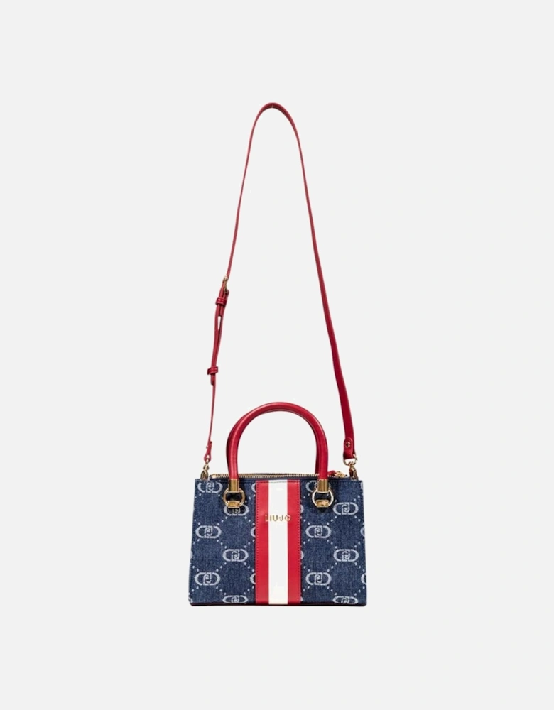 Elegant Faux Leather Satchel with Logo Print Women - Blue Handbags