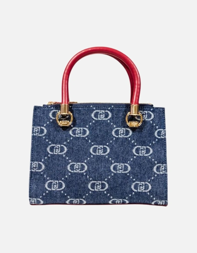 Elegant Faux Leather Satchel with Logo Print Women - Blue Handbags