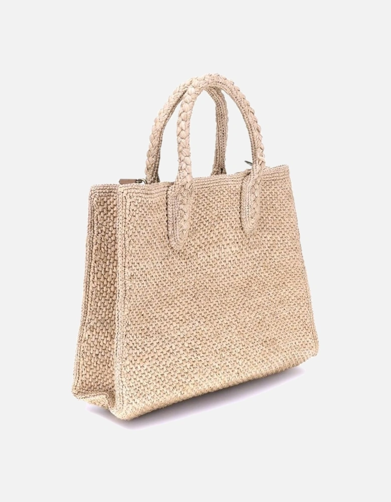 Crochet Raffia Tote Bag with Leather Strap Women - Beige Shoulder Bags