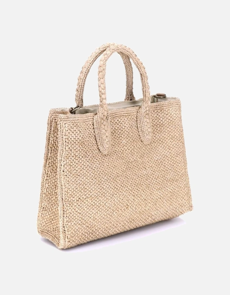 Crochet Raffia Tote Bag with Leather Strap Women - Beige Shoulder Bags