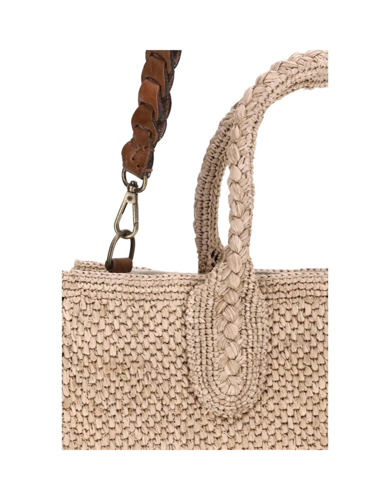 Crochet Raffia Tote Bag with Leather Strap Women - Beige Shoulder Bags