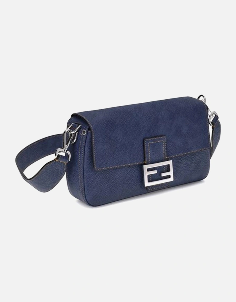 Leather Baguette Shoulder Bag with FF Plaque Women - Blue