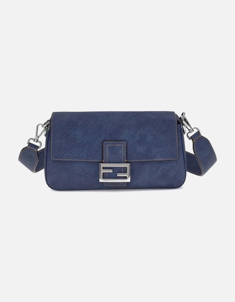 Leather Baguette Shoulder Bag with FF Plaque Women - Blue