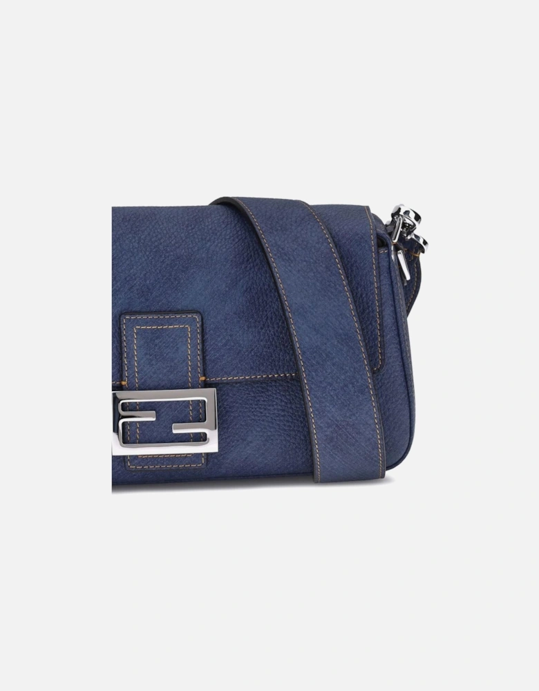 Leather Baguette Shoulder Bag with FF Plaque Women - Blue