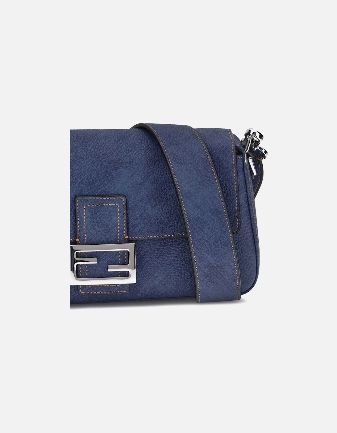 Leather Baguette Shoulder Bag with FF Plaque Women - Blue