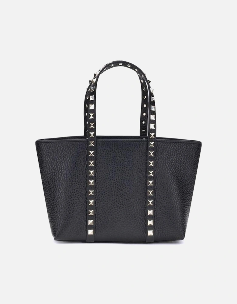 Small Rockstud Calfskin Tote Bag with Platinum Details Women - Black