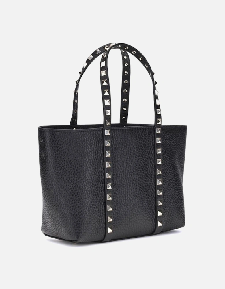 Small Rockstud Calfskin Tote Bag with Platinum Details Women - Black