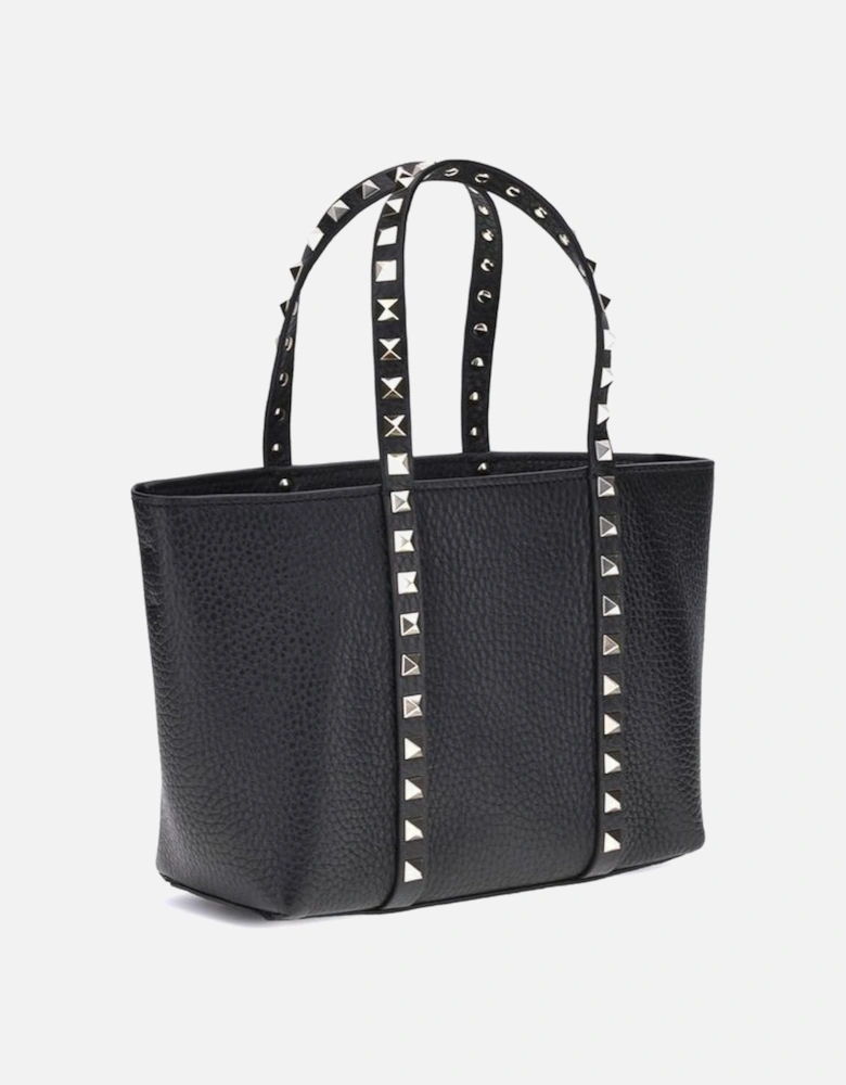 Small Rockstud Calfskin Tote Bag with Platinum Details Women - Black