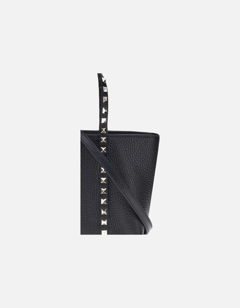 Small Rockstud Calfskin Tote Bag with Platinum Details Women - Black