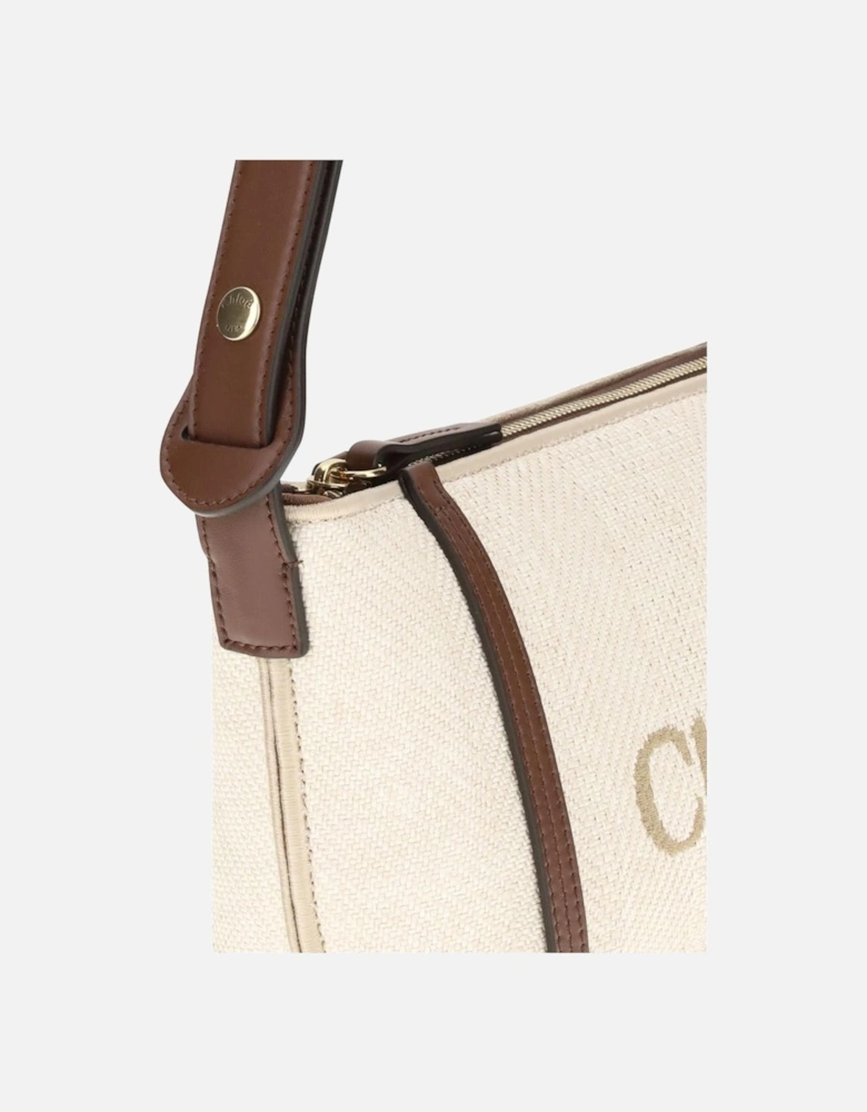 Fabric Carry Shoulder Bag with Leather Strap Women - Beige