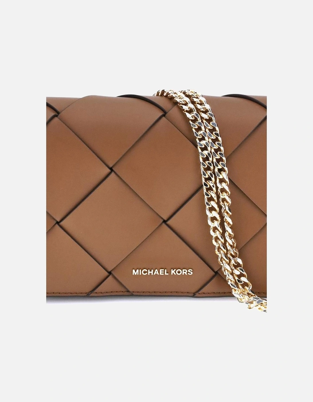 Woven Leather Shoulder Bag with Chain Strap Women - Brown