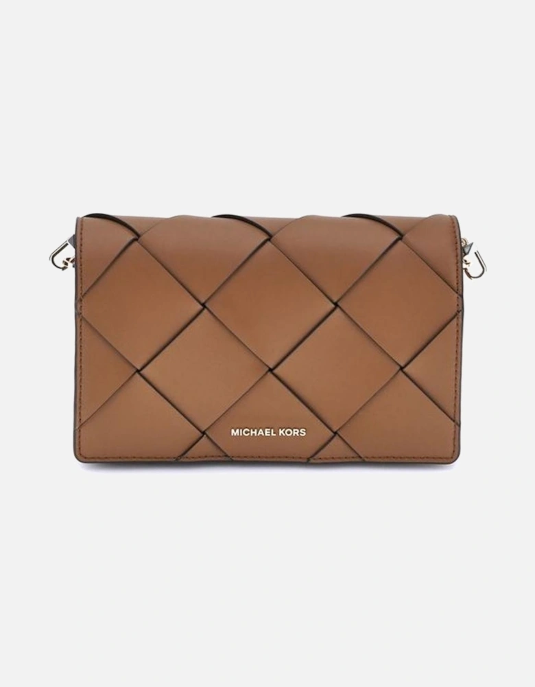 Woven Leather Shoulder Bag with Chain Strap Women - Brown