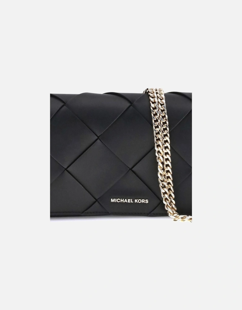 Woven Leather Shoulder Bag with Chain Strap Women - Black