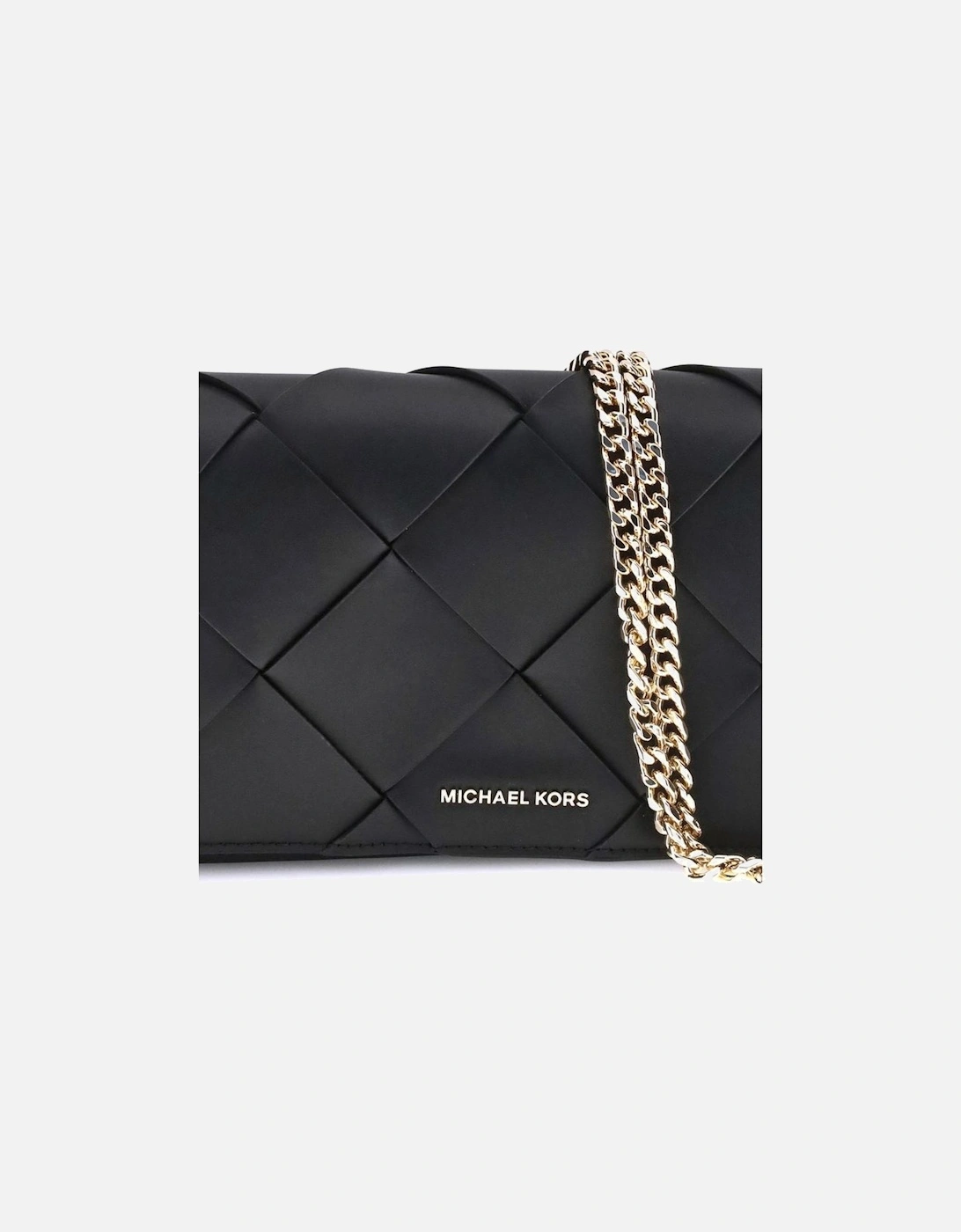 Woven Leather Shoulder Bag with Chain Strap Women - Black