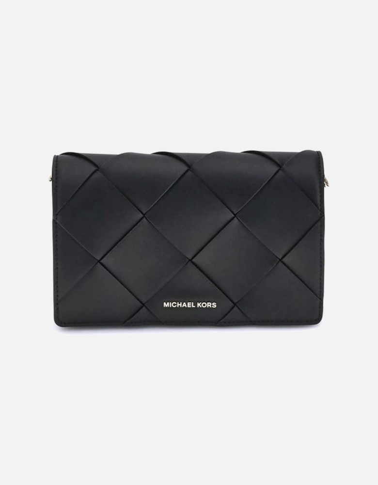 Woven Leather Shoulder Bag with Chain Strap Women - Black