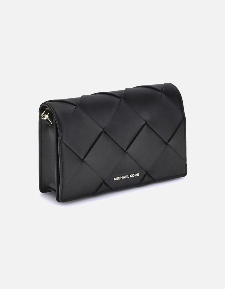 Woven Leather Shoulder Bag with Chain Strap Women - Black