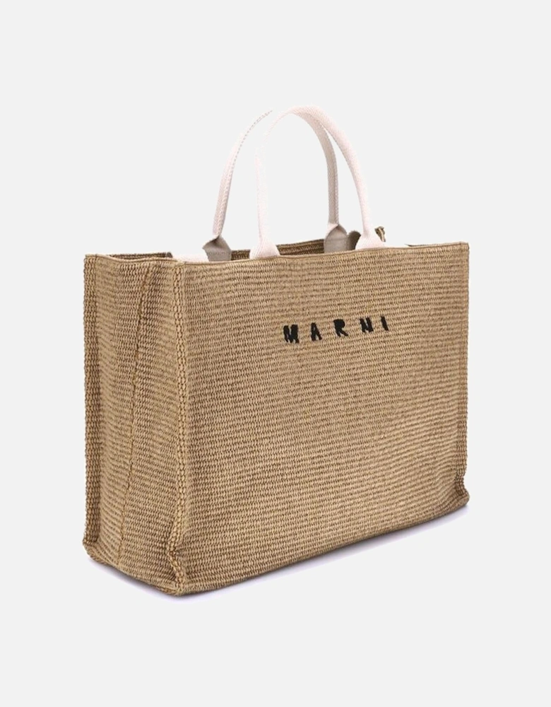 Raffia-Effect Tote Bag with Embroidery Women - Beige Shoulder Bags