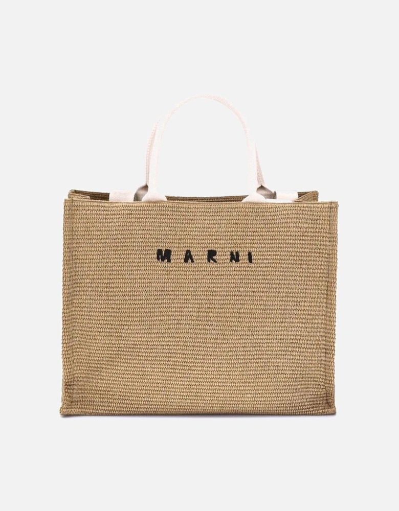 Raffia-Effect Tote Bag with Embroidery Women - Beige Shoulder Bags