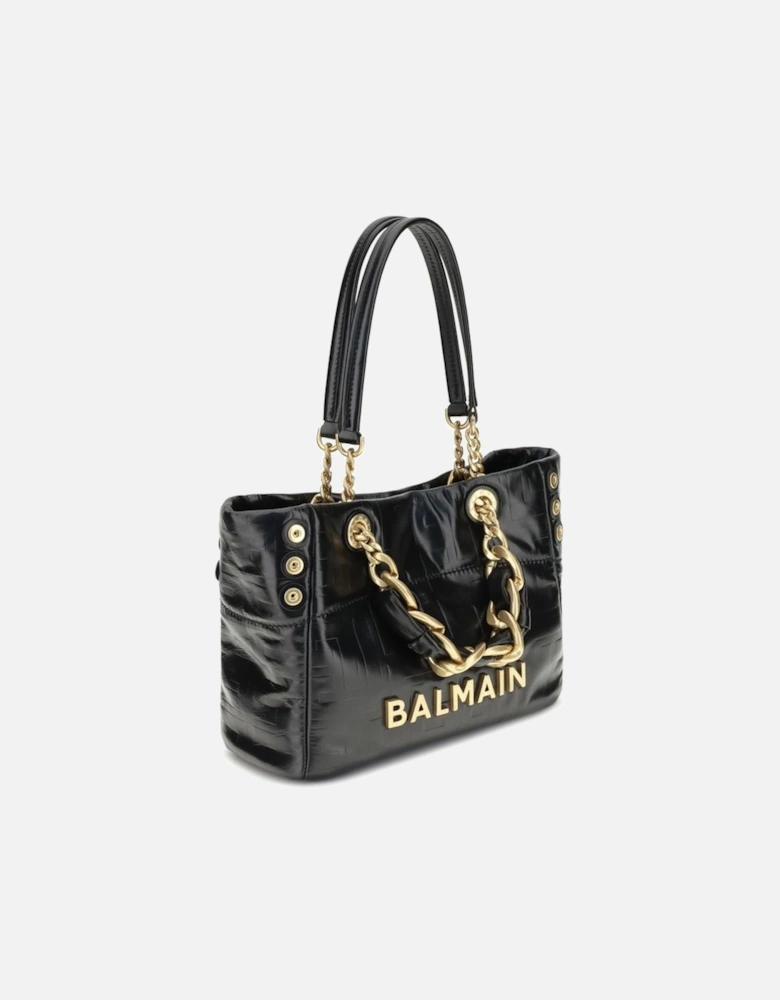 Cracked-Effect Leather Small Tote Bag with Chain Handles Women - Black