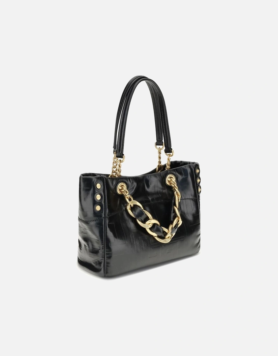 Cracked-Effect Leather Small Tote Bag with Chain Handles Women - Black