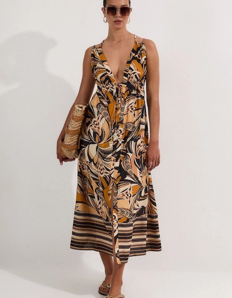 Beach Border Print Spun Viscose Strappy Maxi Dress