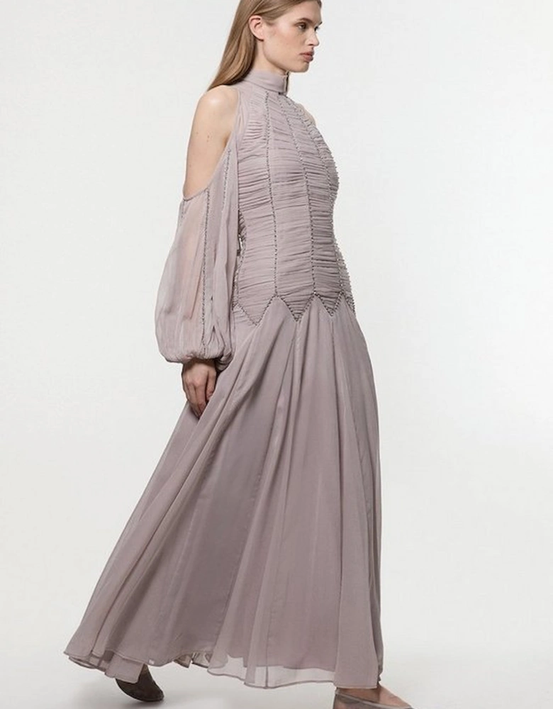 Petite High Neck Embellished Ruched Georgette Woven Maxi Dress