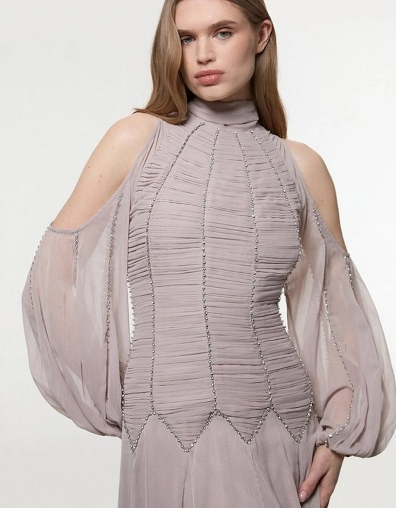 Petite High Neck Embellished Ruched Georgette Woven Maxi Dress