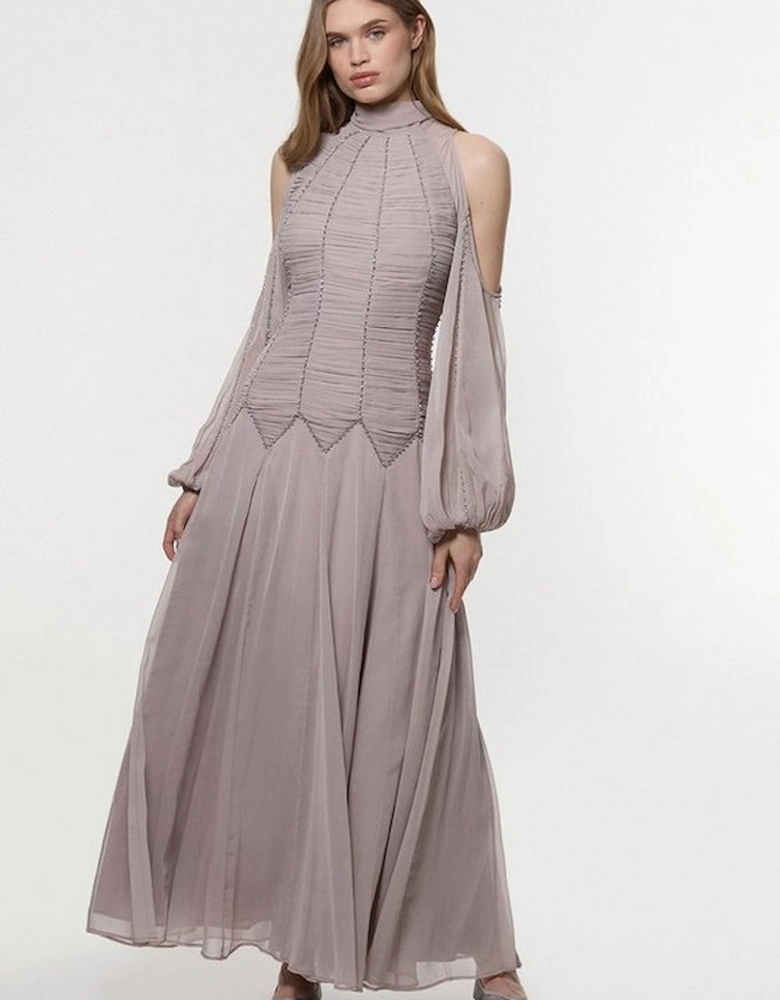 Petite High Neck Embellished Ruched Georgette Woven Maxi Dress