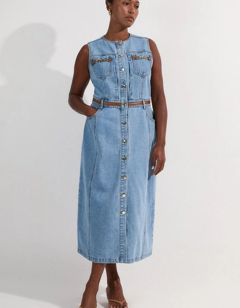 Plus Size Denim & Faux Leather Tipping Sleeveless Midi Dress