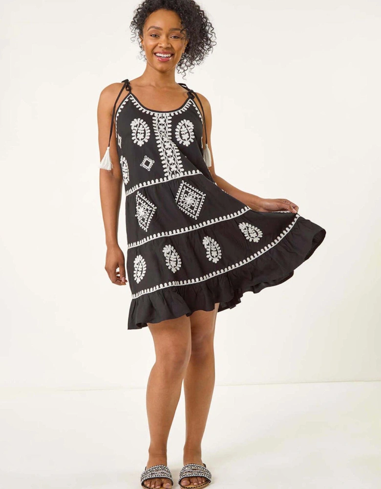 Petite Strappy Trim Detail Tiered Dress - Black