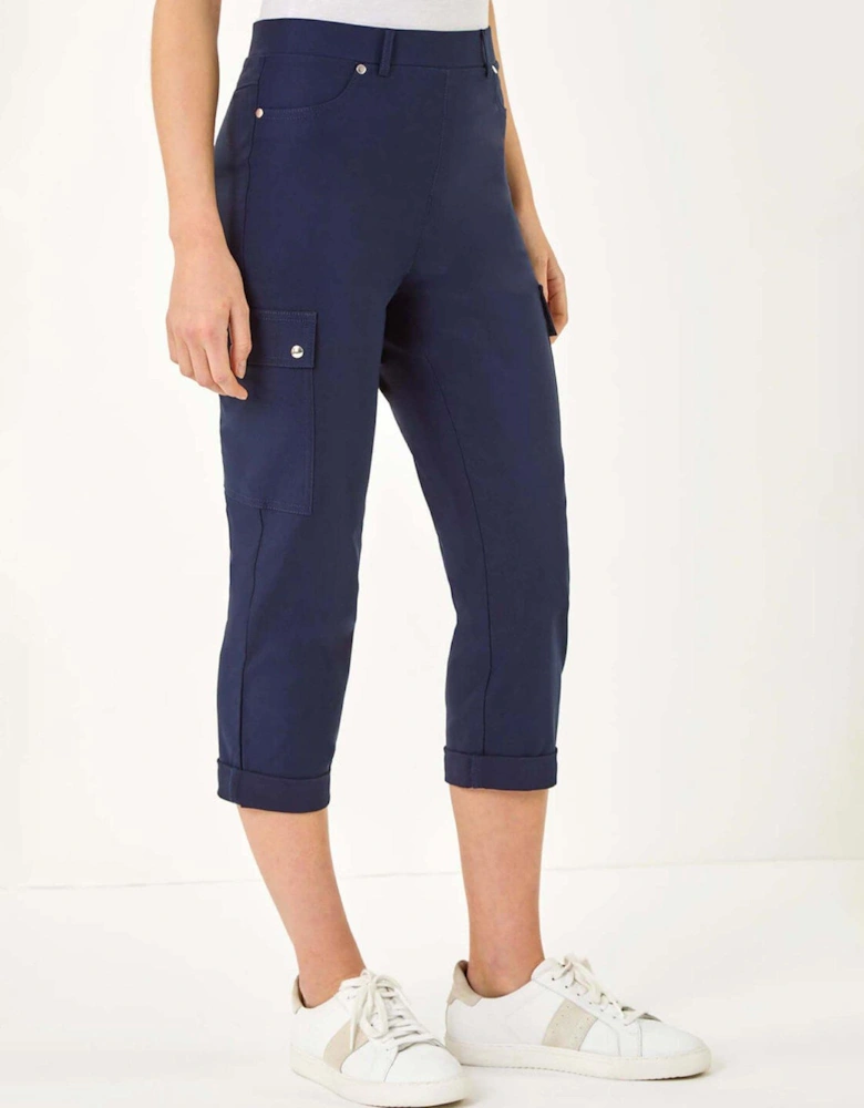 Elastic Waist Turn Up Stretch Cargo Trousers - Navy