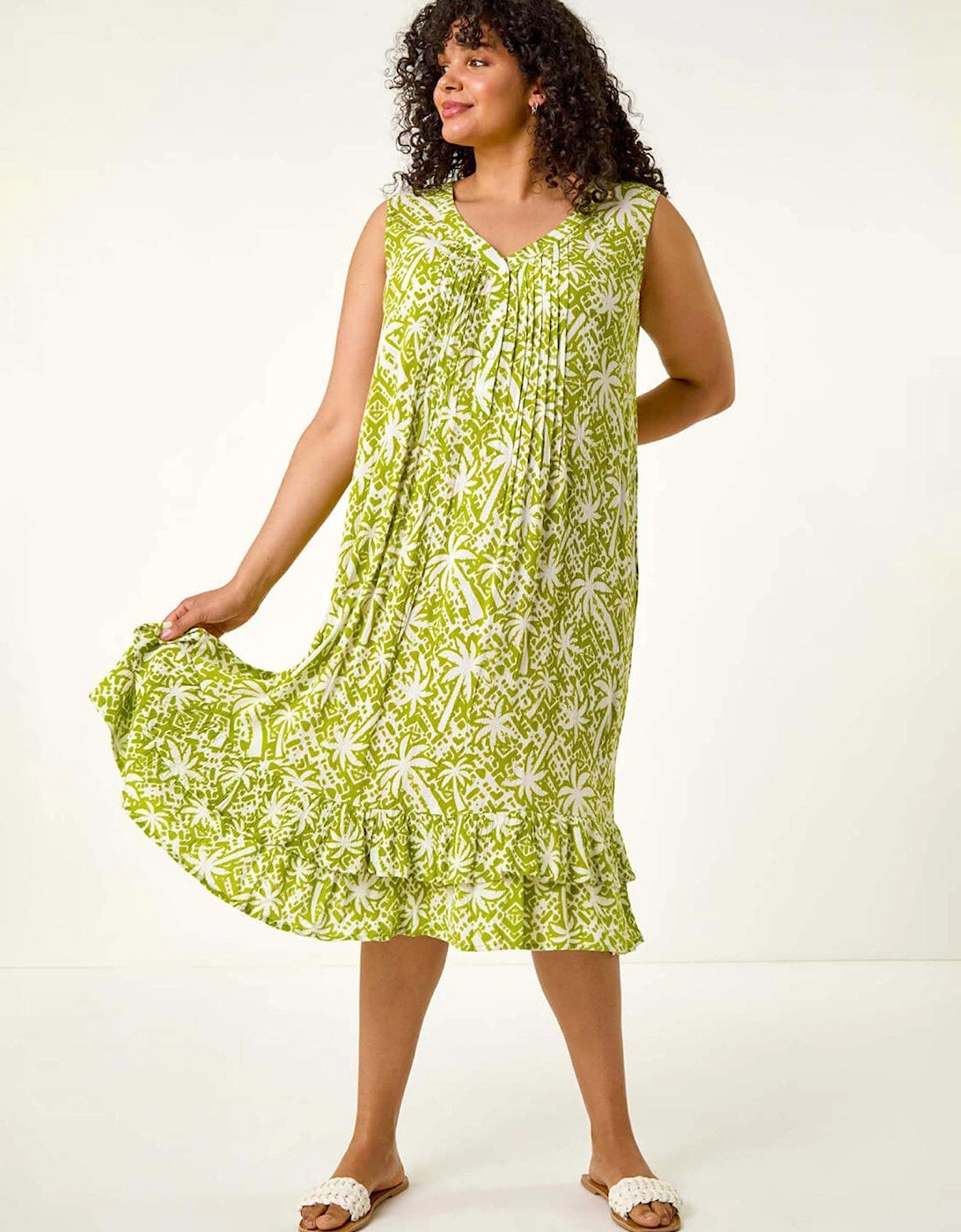 Curve Palm Print Peated V-neck Dress - Green, 2 of 1